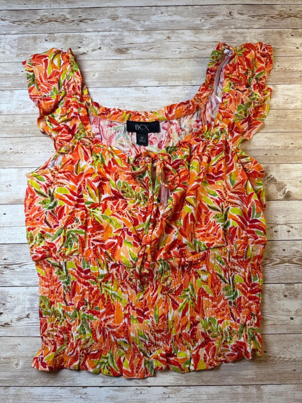 BCX Orange Floral Ruffled Smocked Camisole with Green Accents